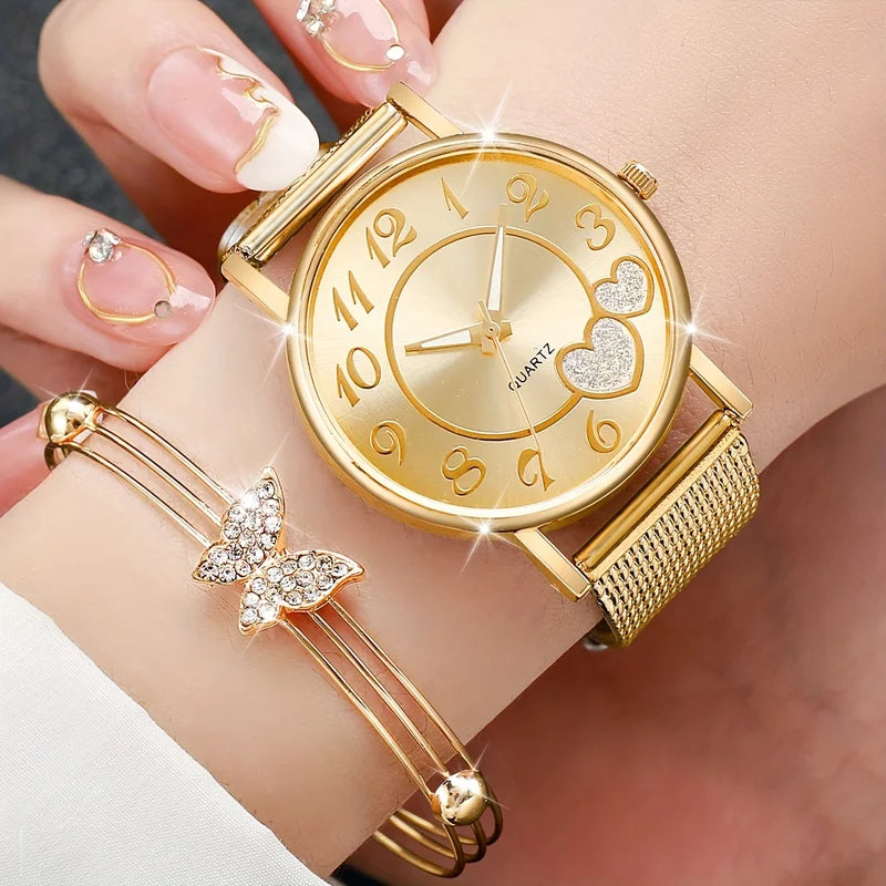 Fashion Women's Heart Watch Set with Jewelry - Plastic Band, Gold, 6 Pieces