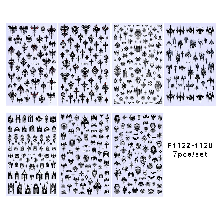 Halloween Gothic Nail Stickers 3D Letter Lace Skull Castle Manicure Decor