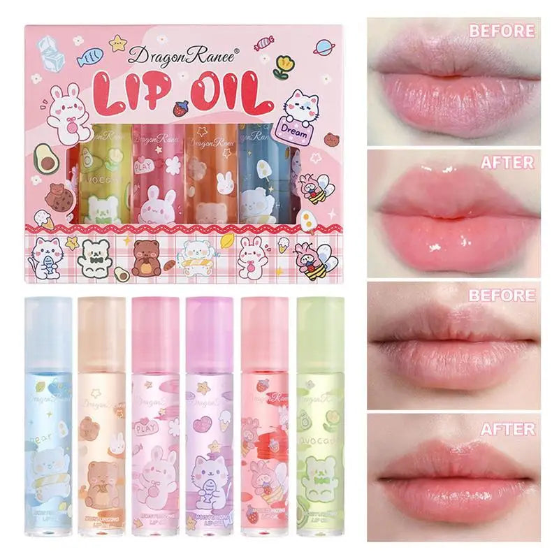 Moisturizing Lip Oil Set with Flower Essential Oils - 6pcs Natural Gloss for Women & Kids