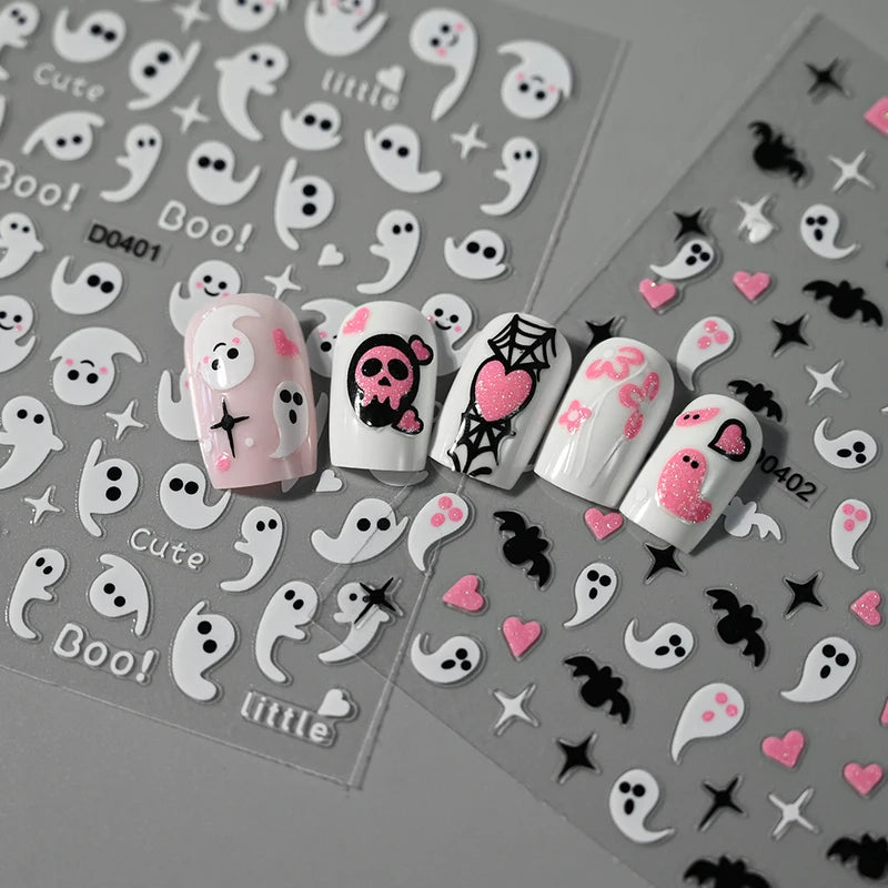 Halloween Skull Nail Stickers Glitter Powder 3D Nail Art Decals for Manicure
