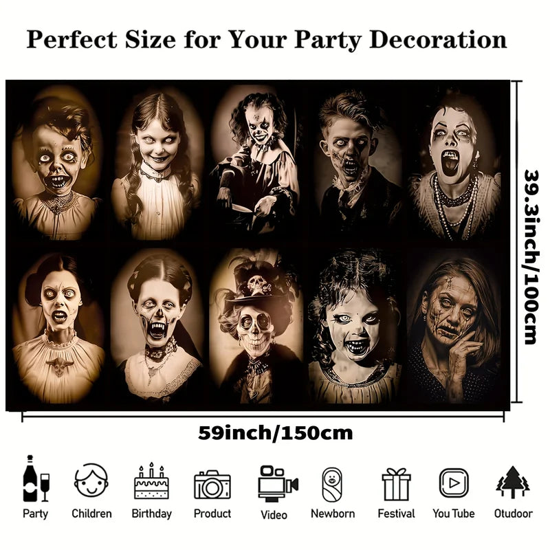 Halloween Gothic Background Cloth with Horror Portrait & Zombie Makeup Designs - Event Decoration Fabric