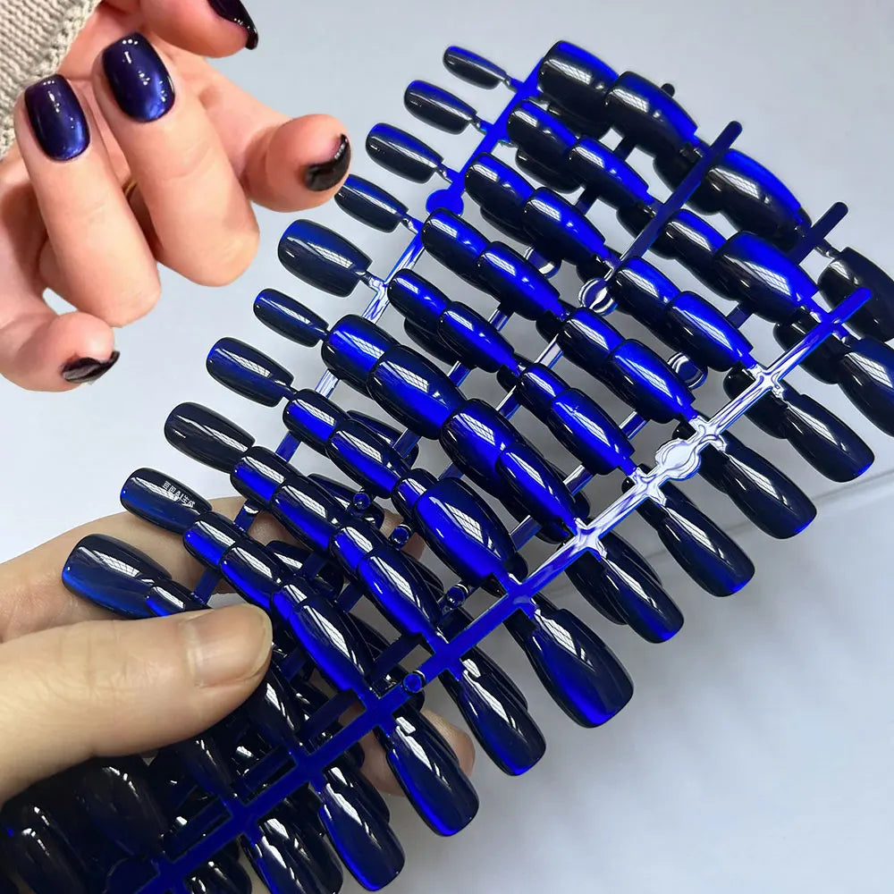 Glossy Dark Blue Cat Eye False Nails Set - Sparkly Medium Oval Press On Nails