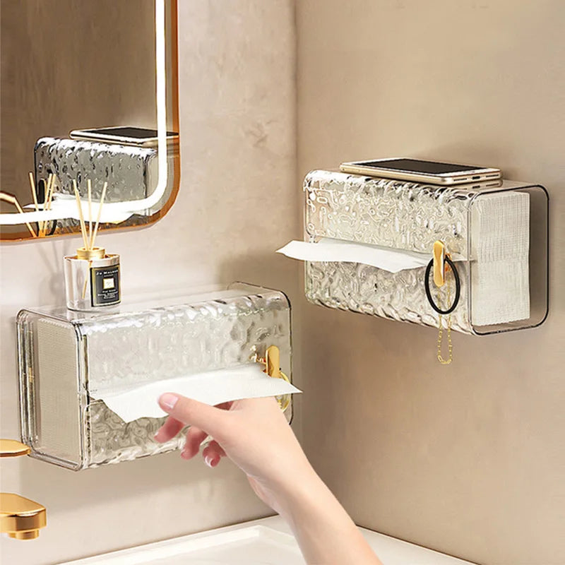 Rectangular Transparent Tissue Box Wall Mount Bathroom Storage Napkin Holder
