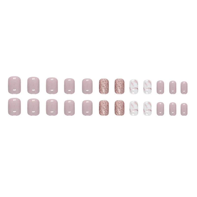 24 Short French Glitter Nail Set with Jelly Gel & Nail File - Glossy False Nails