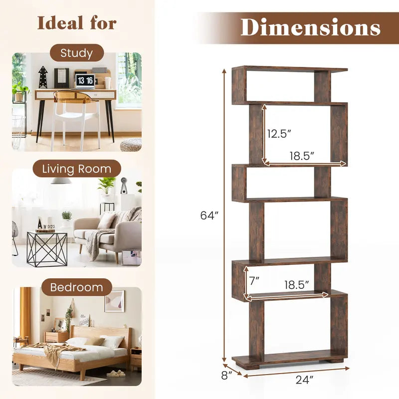 6-Tier S-Shaped Geometric Bookcase with Anti-Tip Kits, Space-Saving Storage Shelf