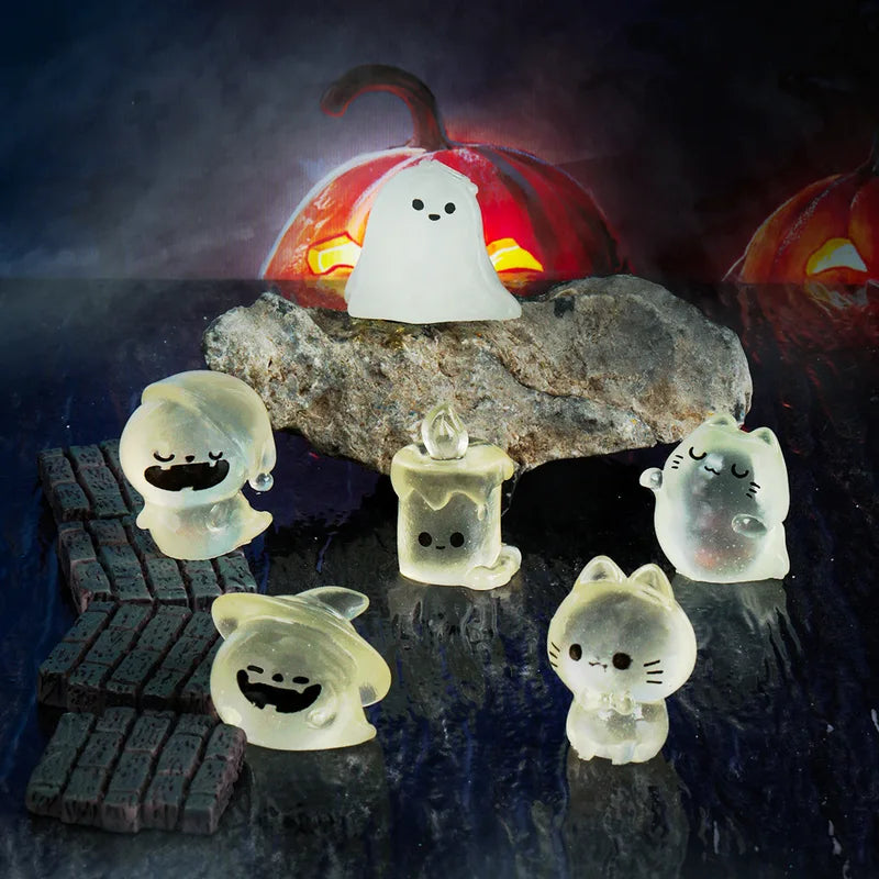12pcs Mini Luminous Halloween Figurines - Cat Ghost Pumpkin Bat Skull Glow in Dark Micro Landscape Decorations