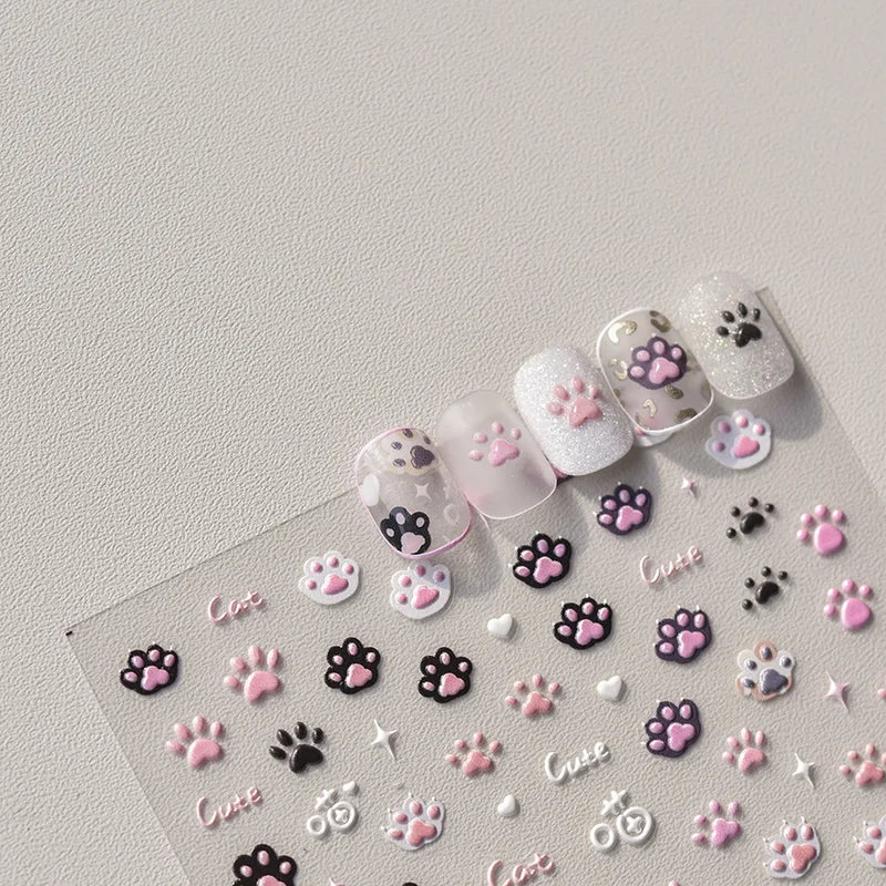 Cute Cat Nail Stickers - 3D Embossed Jelly Pink & Cartoon Paw Designs