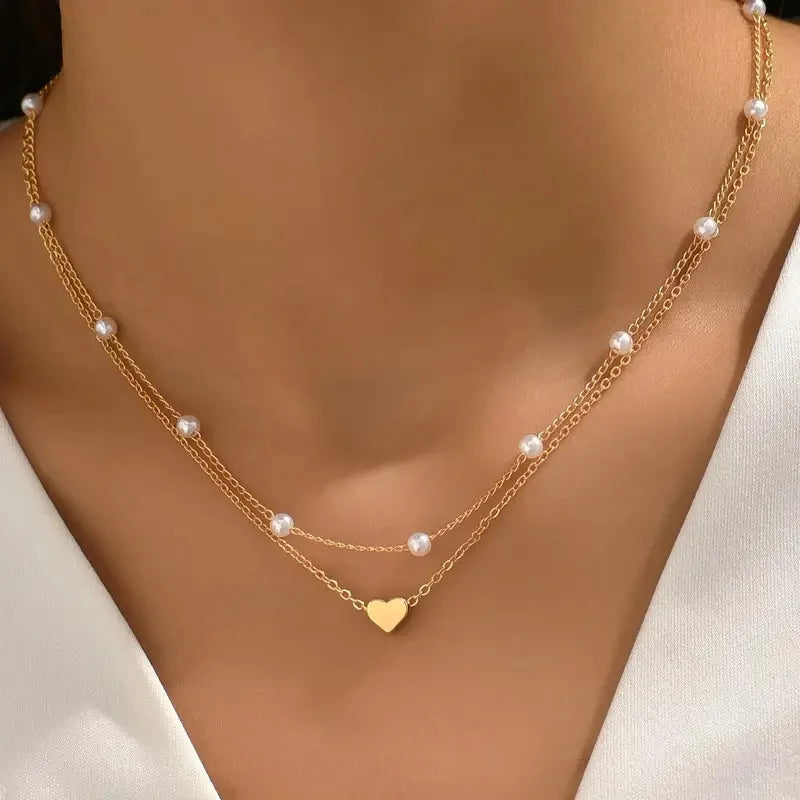 Imitation Pearl Heart Jewelry Set for Women - Gold Color Necklace & Bracelet