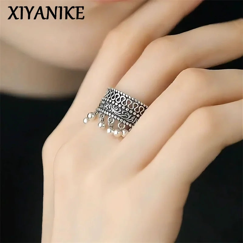 Vintage Thai Silver Beaded Adjustable Finger Ring for Women Jewelry Gift