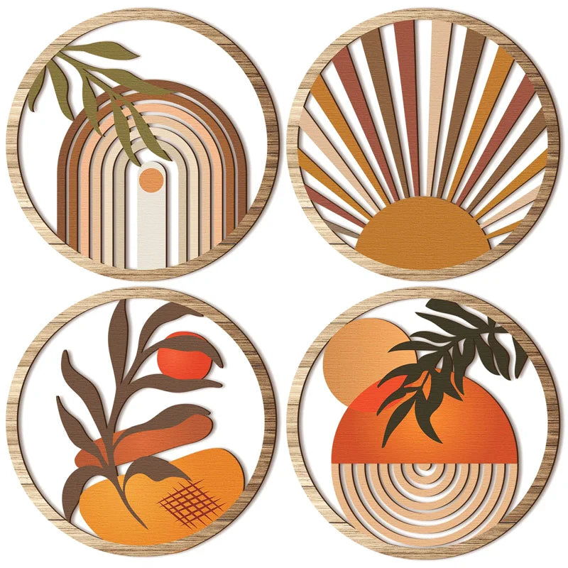 Set of 4 Wooden Bohemian Wall Decor Round Wall Hangings for Farmhouse & Garden