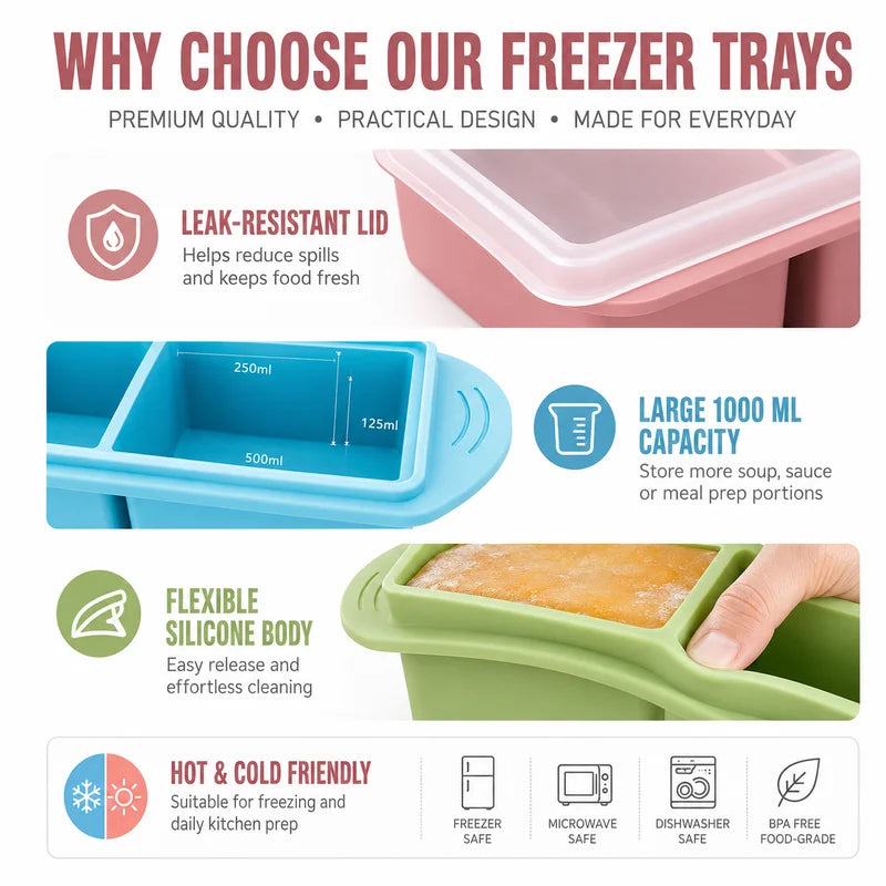 Large Silicone Food Freezing Tray with Lid - Meal Prep & Portion Control
