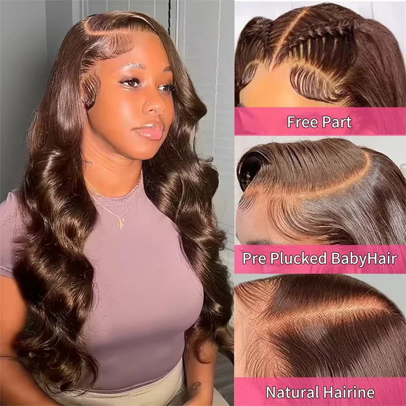 Body Wave Chocolate Brown Human Hair Lace Front Wig 30 Inch HD Transparent Frontal