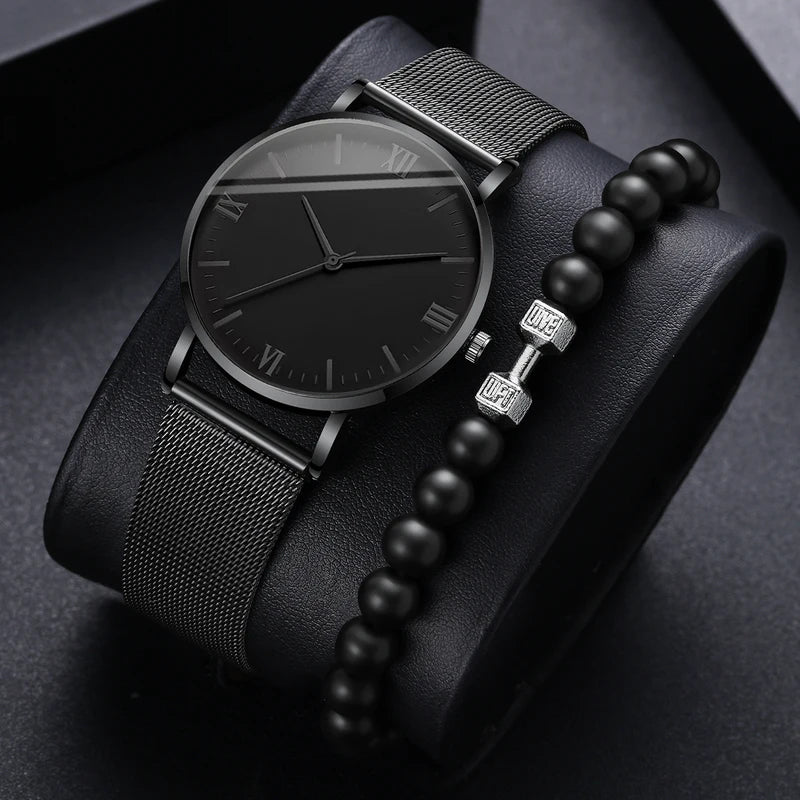 Men's Fashion Quartz Watch with Steel Mesh Band and Bracelet Set - Waterproof