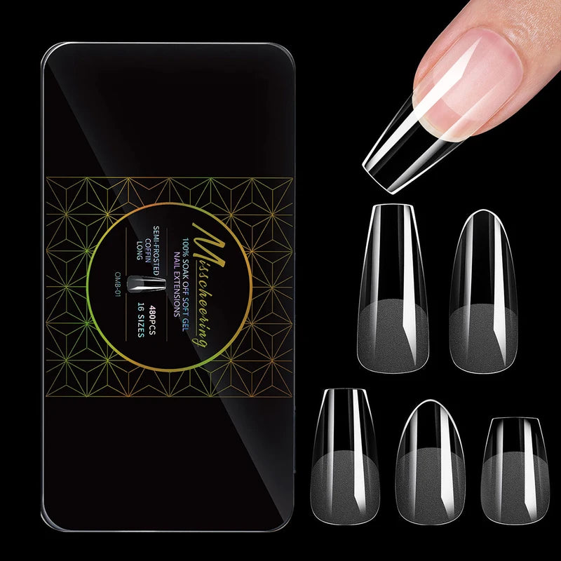 Soft Gel Fake Nail Tips 480pcs Almond Square Coffin French Half Frosted Press-On Nails