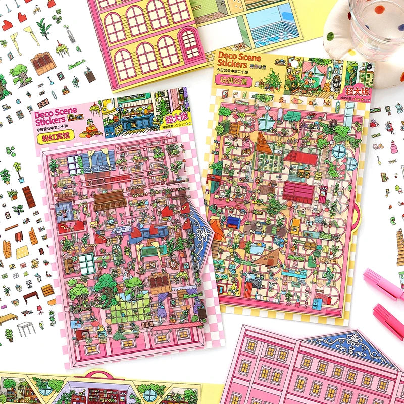 Kawaii Doll Apartment 3D Pink Hotel Landscape Sticker DIY Scene Kids Gift