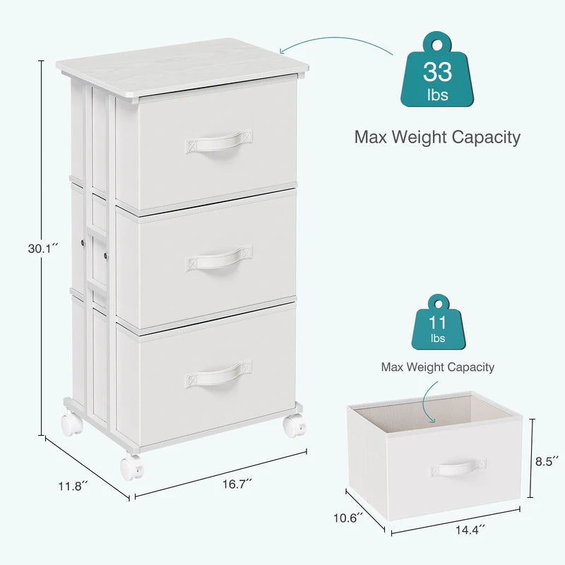 3-Drawer Rolling Fabric Dresser Storage Cabinet with Steel Frame for Bedroom Closet Entryway