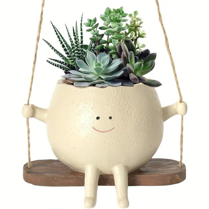 Resin Hanging Planter Pot with Smiling Face Design and Swing Base - Indoor Outdoor Garden Decor