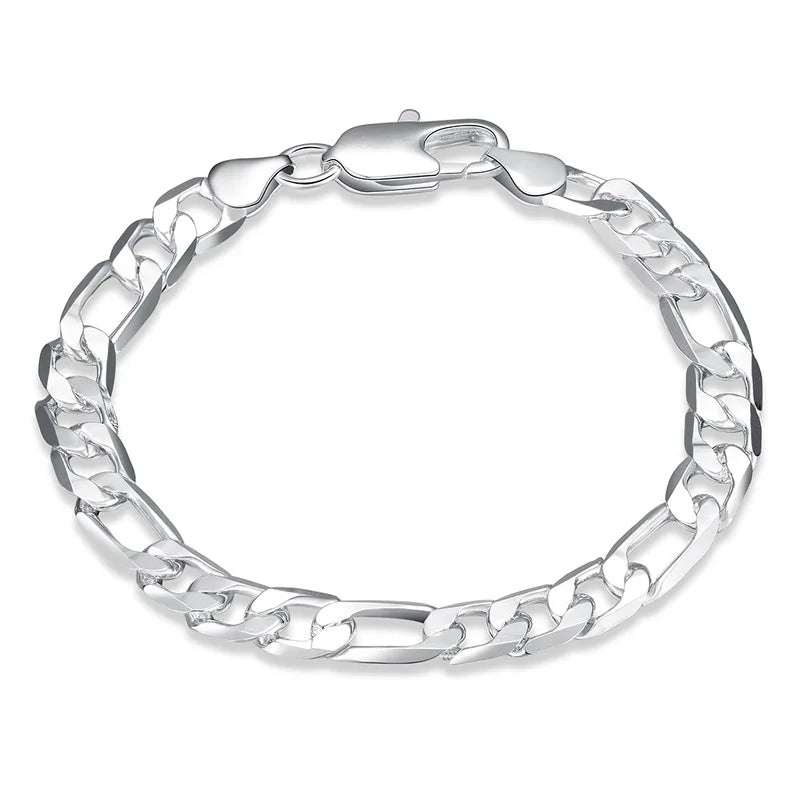 8mm Silver Chain Bracelet for Women Men Wedding Jewelry Figaro Style