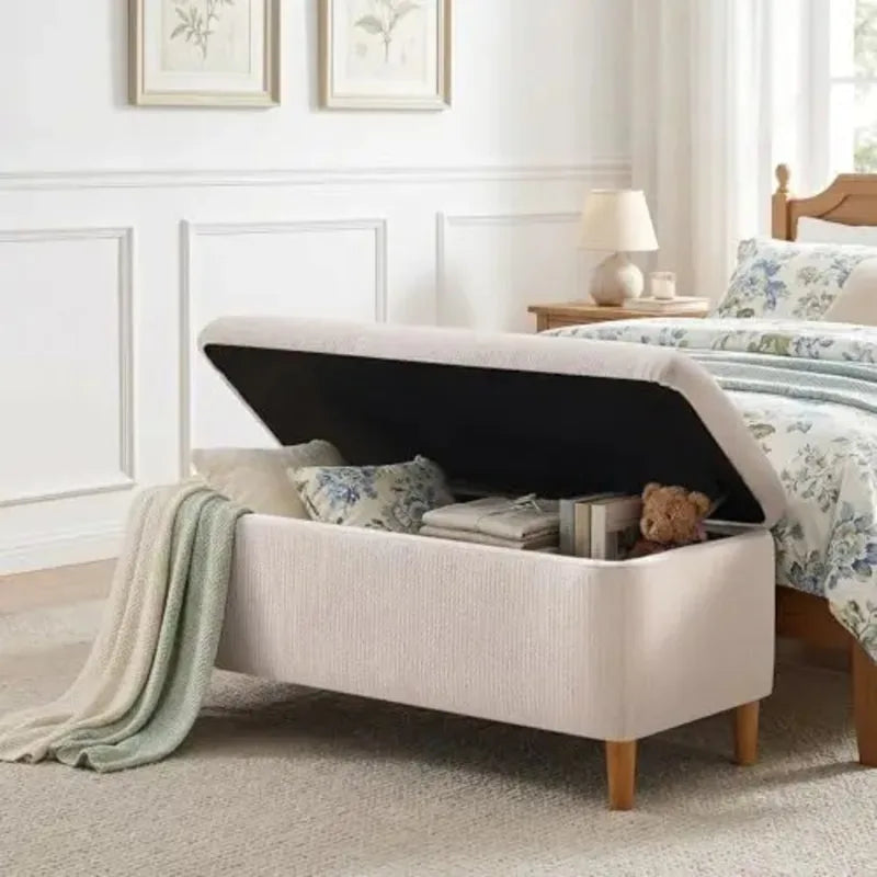 39.4-Inch Upholstered Storage Bench with Wooden Legs - Modern Fabric Ottoman for Living Room or Bedroom