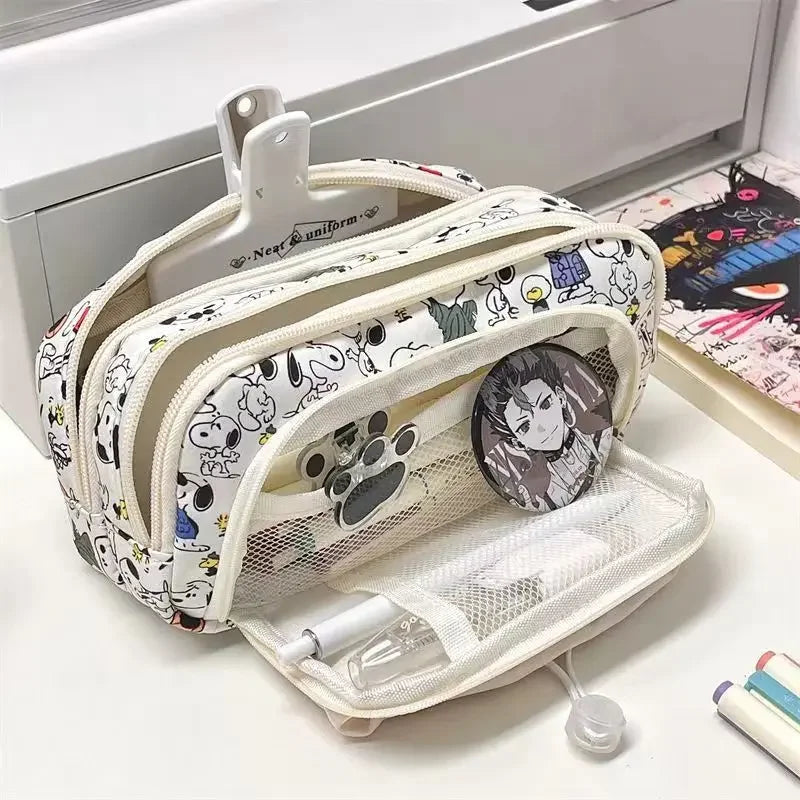 Kids Cartoon Snoopy Pencil Case Multi Layer Canvas Drawstring Pen Bag School Supplies