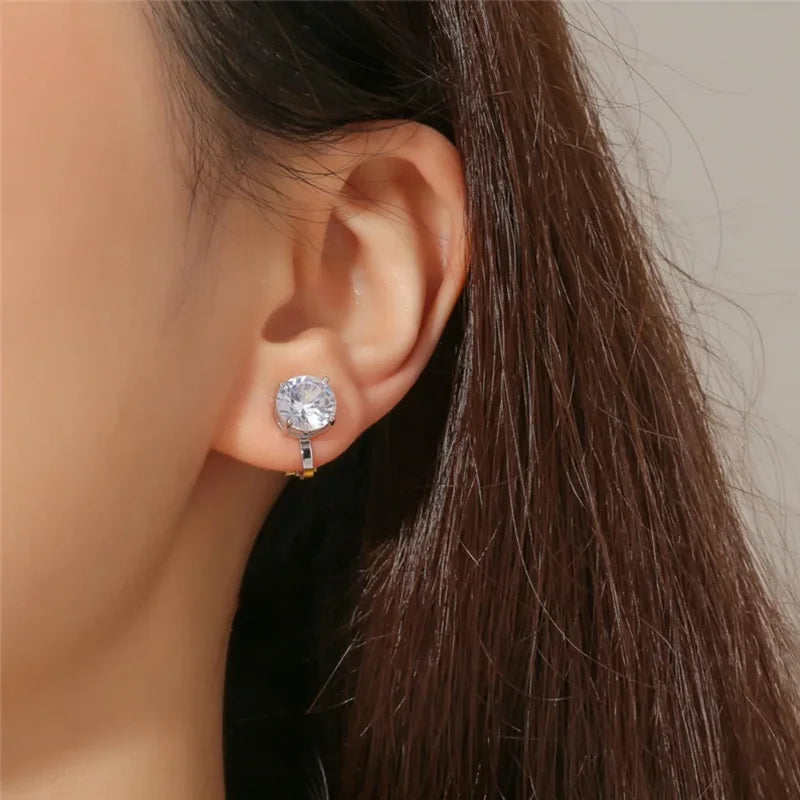 Round Cubic Zirconia Copper Clip Earrings for Women - Gold, Black, Rose & Rhodium Plated Jewelry