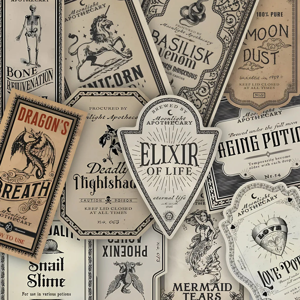 12-Pack Vintage Halloween Potion Bottle Labels Gothic Style Wine & Jar Stickers
