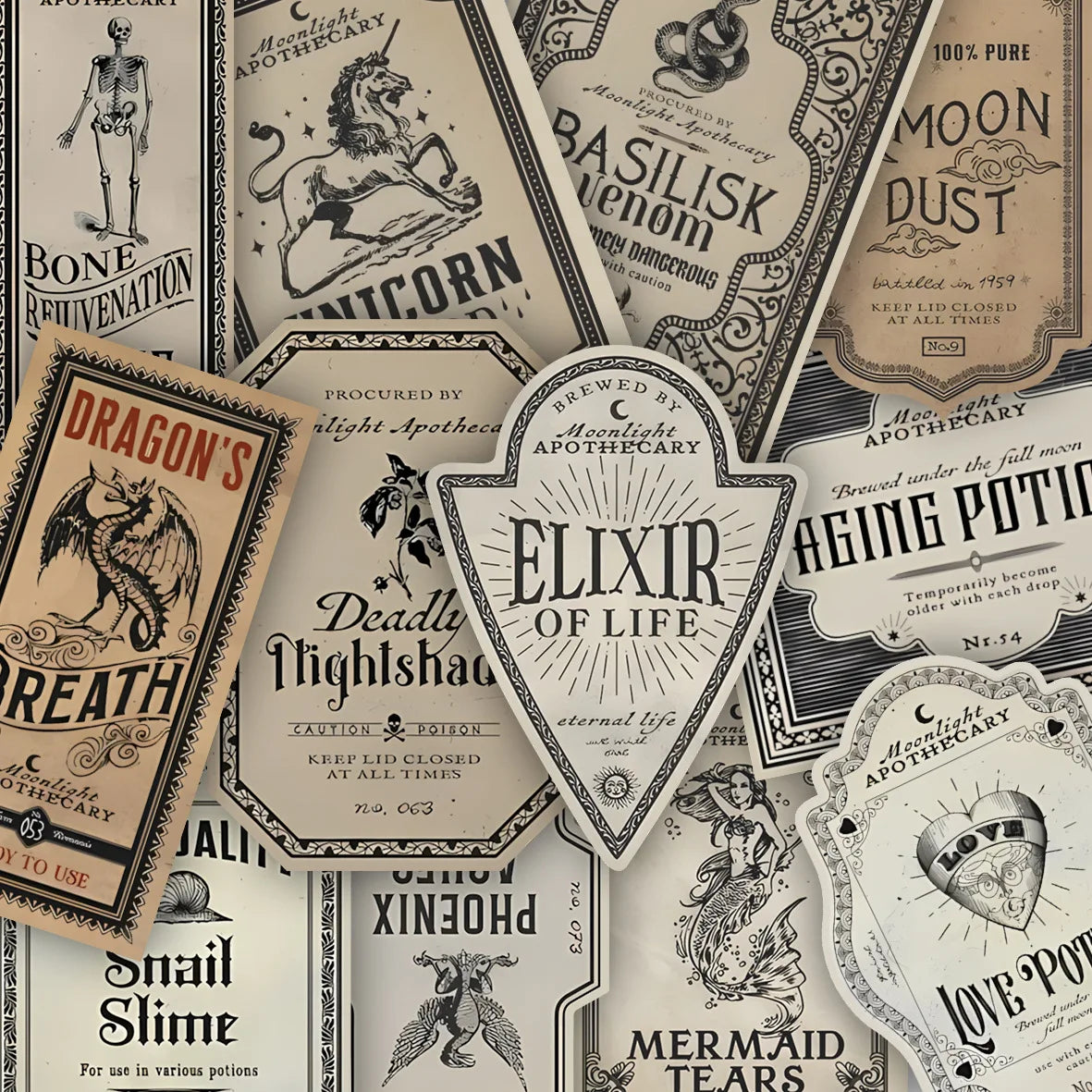 12-Pack Vintage Halloween Potion Bottle Labels Gothic Style Wine & Jar Stickers