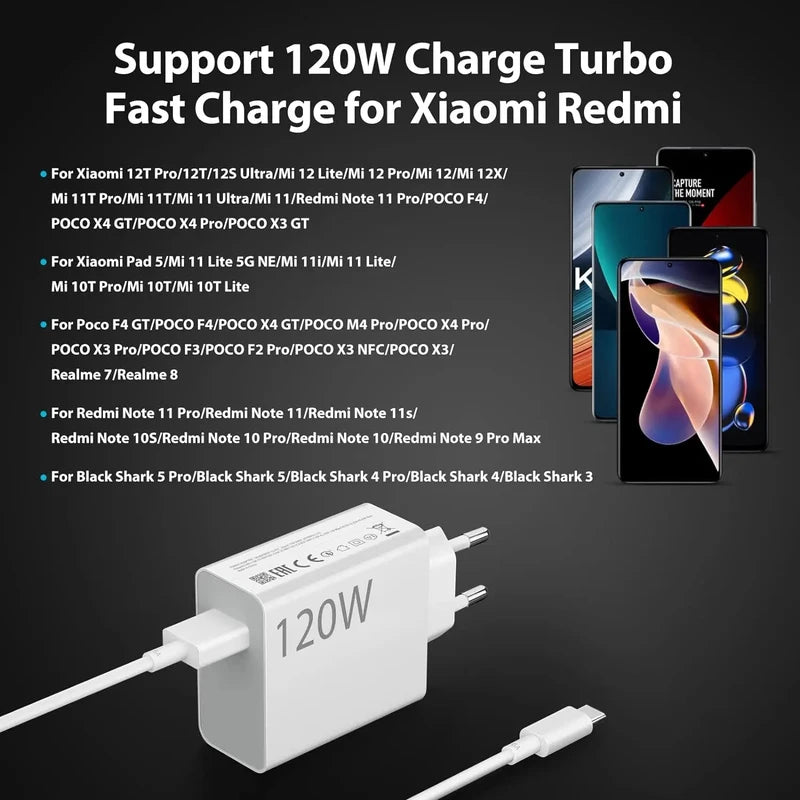 120W USB Wall Charger EU Plug Fast Charging Adapter for Xiaomi Redmi POCO Phones