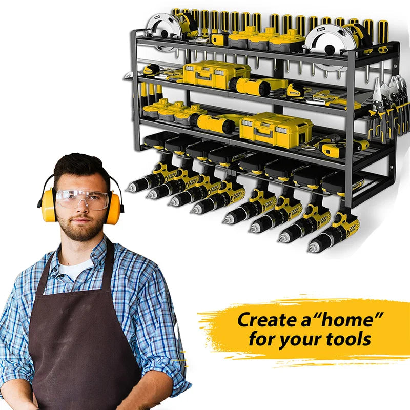 Heavy Duty Wall Mount Power Tool Storage Rack with 4 Layers and 8 Drill Holders