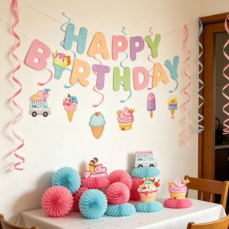 Ice Cream Themed Party Decorations Set - Birthday Banner & Honeycomb Ornaments