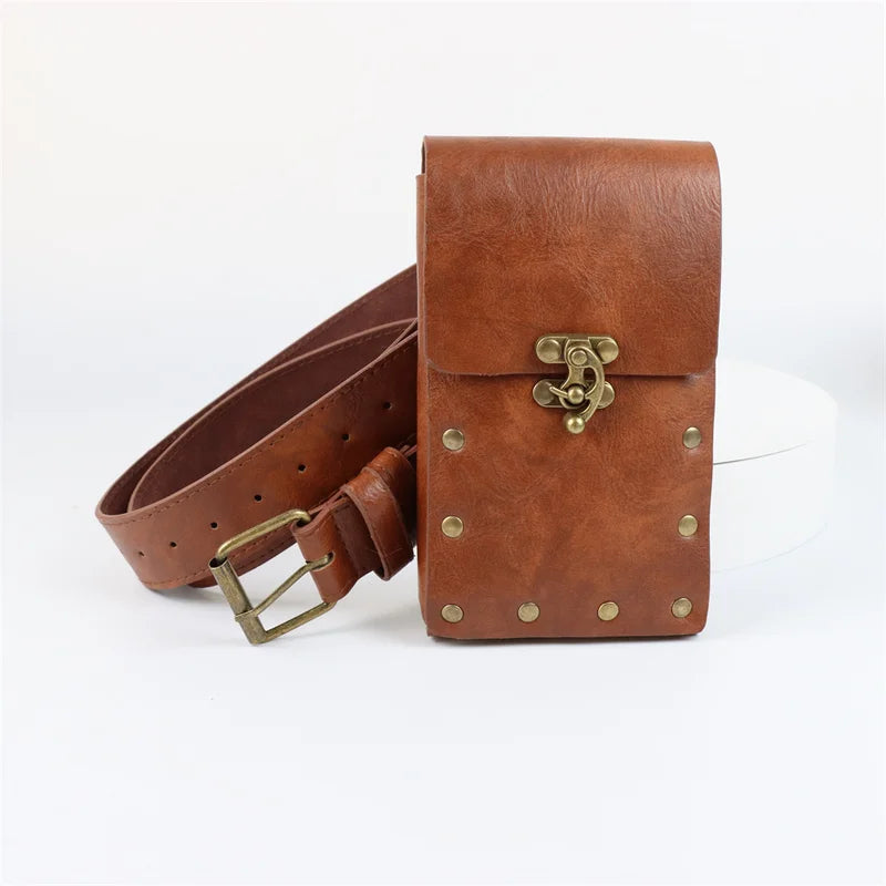 Medieval Cosplay Leather Belt Set with Copper Coin Waist Bag - Multiple Colors