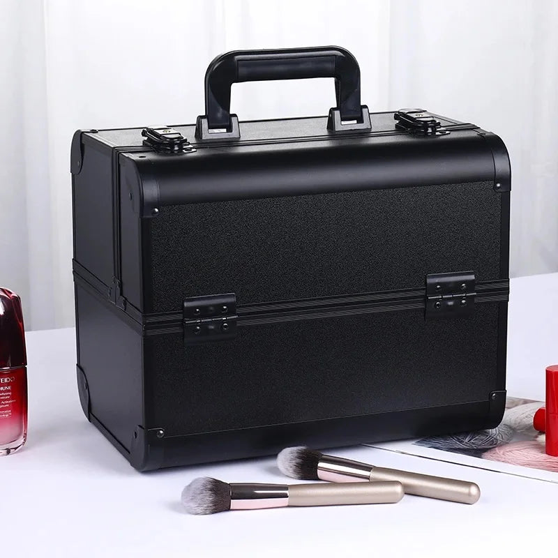 Makeup Train Box with Adjustable Trays Lockable Cosmetic Storage Organizer