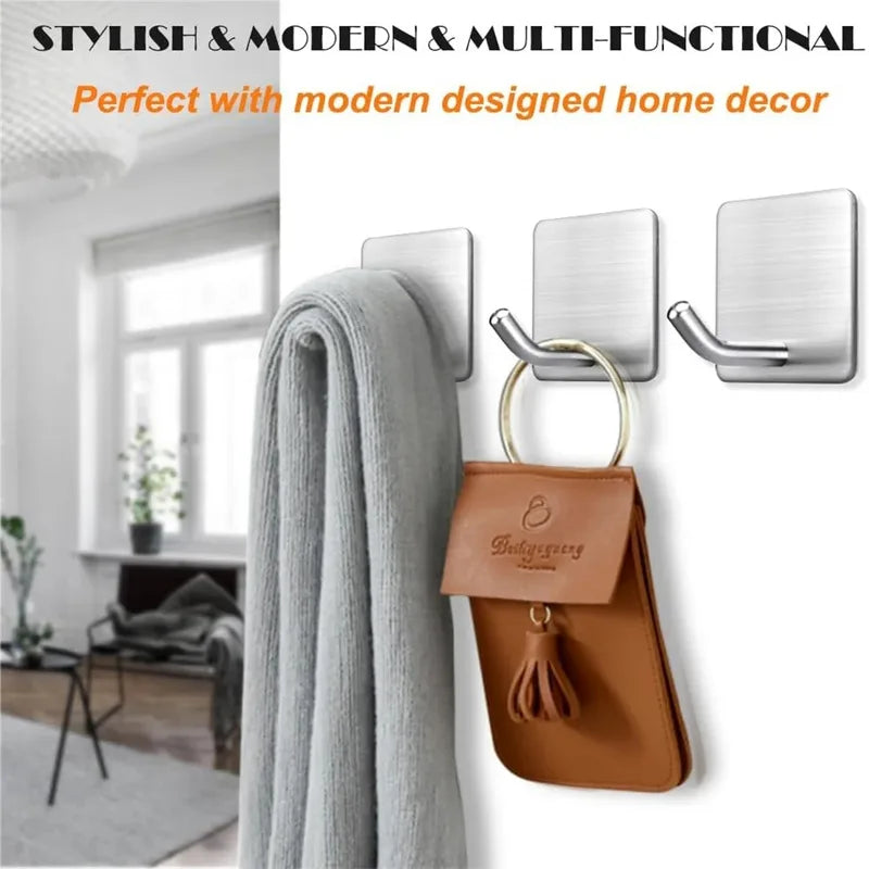 4PCS Stainless Steel Wall Mount Hooks Self-Adhesive Key Towel Jacket Bag Rack