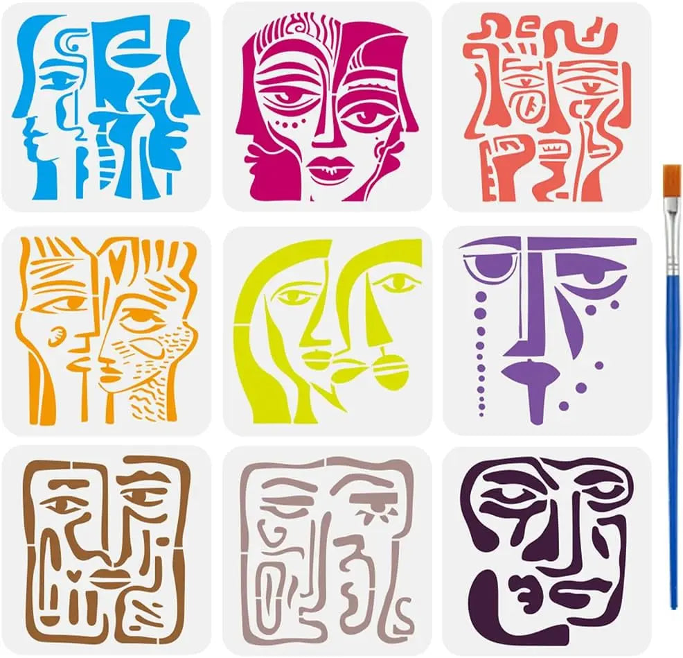 Reusable Abstract Face Painting Stencil Set with Brush - Geometric DIY Templates