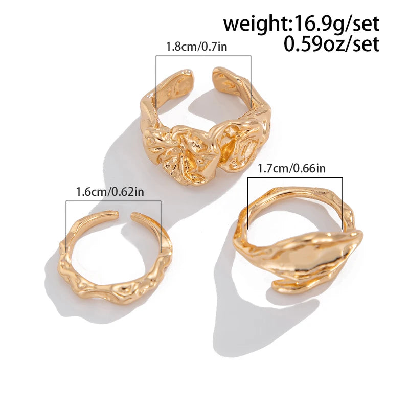 Geometric Open Ring Set Women 3pcs Adjustable Gold Finger Jewelry