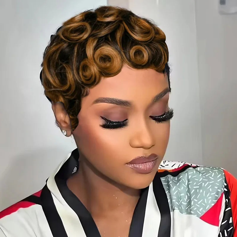 Women's Short Curly Pixie Wig with Bangs - Natural Black, 250% Density