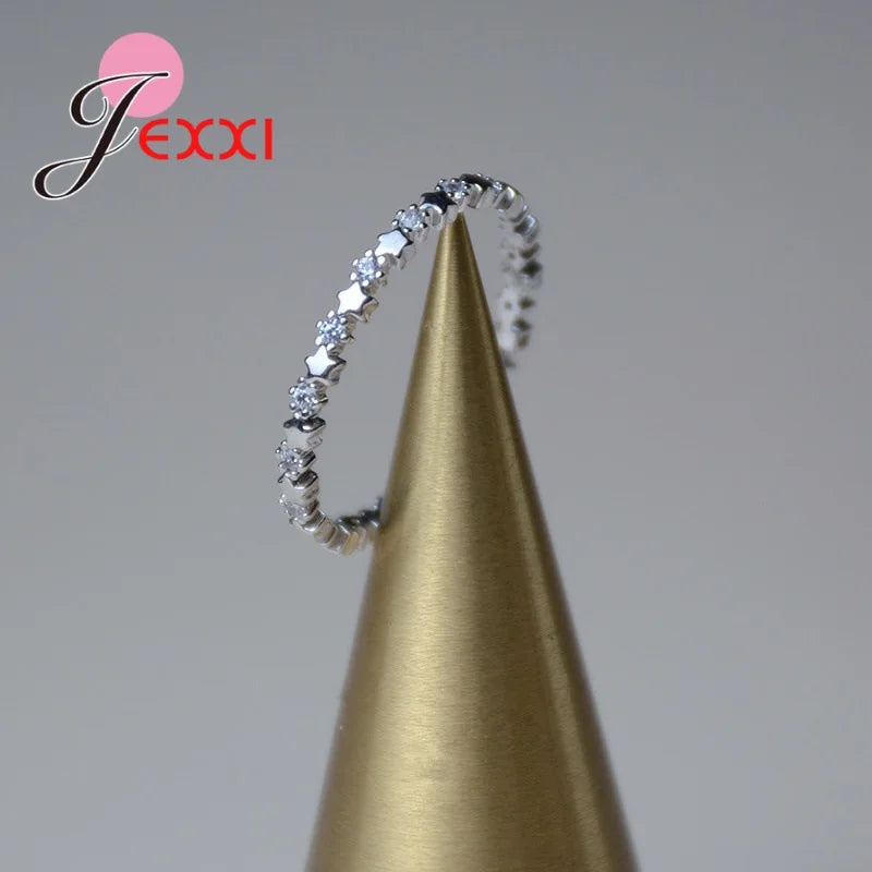 Delicate Solid 925 Silver Finger Ring with CZ Stars for Women - Wedding Gift