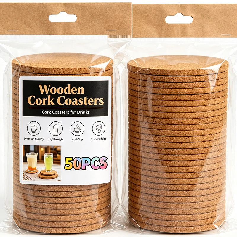Natural Wooden Cork Coasters Set - Non-Slip Round Heat Insulation Pads for Drinks