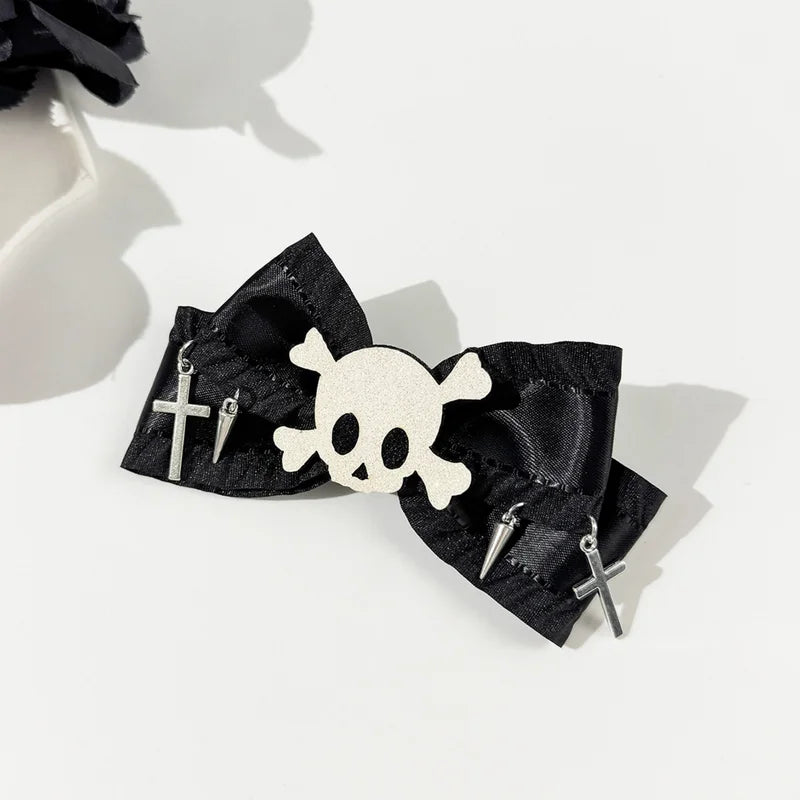 Halloween Gothic Hair Clips Set - Skull & Cross Design, Black Bow Accessories