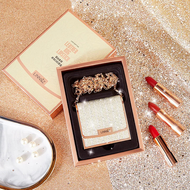 Matte Lipstick Set with 3 Colors, Waterproof & Long Lasting - 3.5g Each with Silver Chain Bag