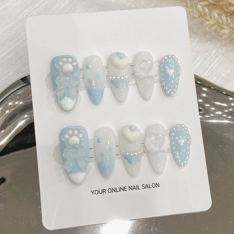 Handmade Press-On Nails with Bear Paw Design - Light Blue Fake Nail Tips, Full Cover, Korean Style