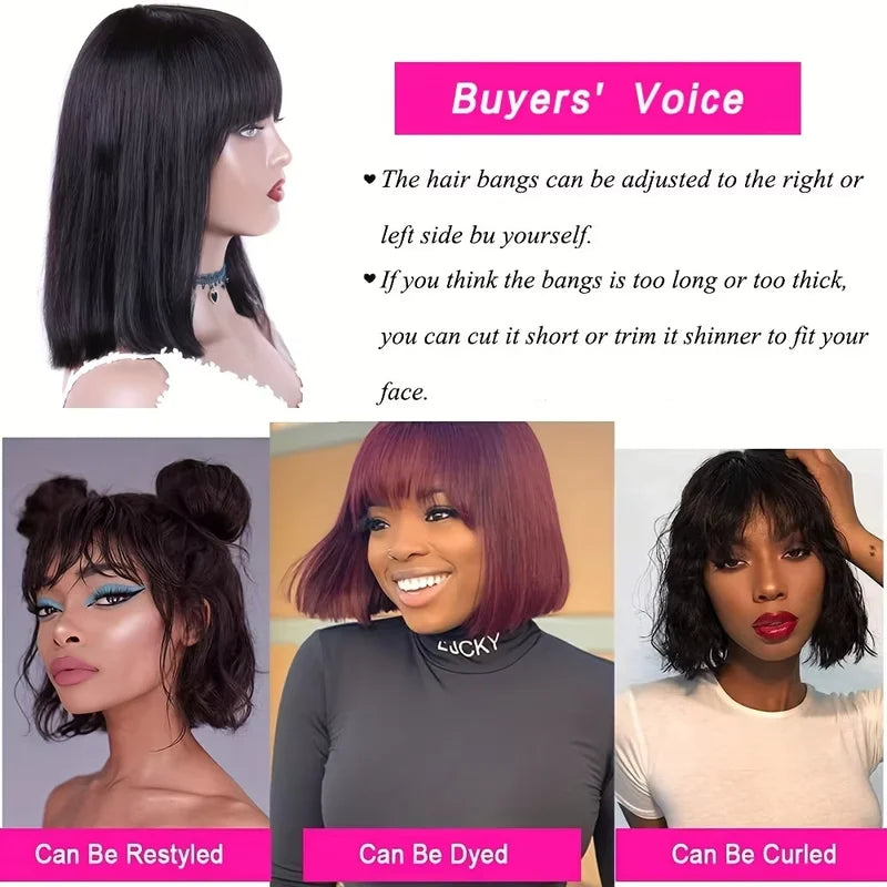 Short Bob Human Hair Wig with Bangs & Lace Middle Part - Natural Black
