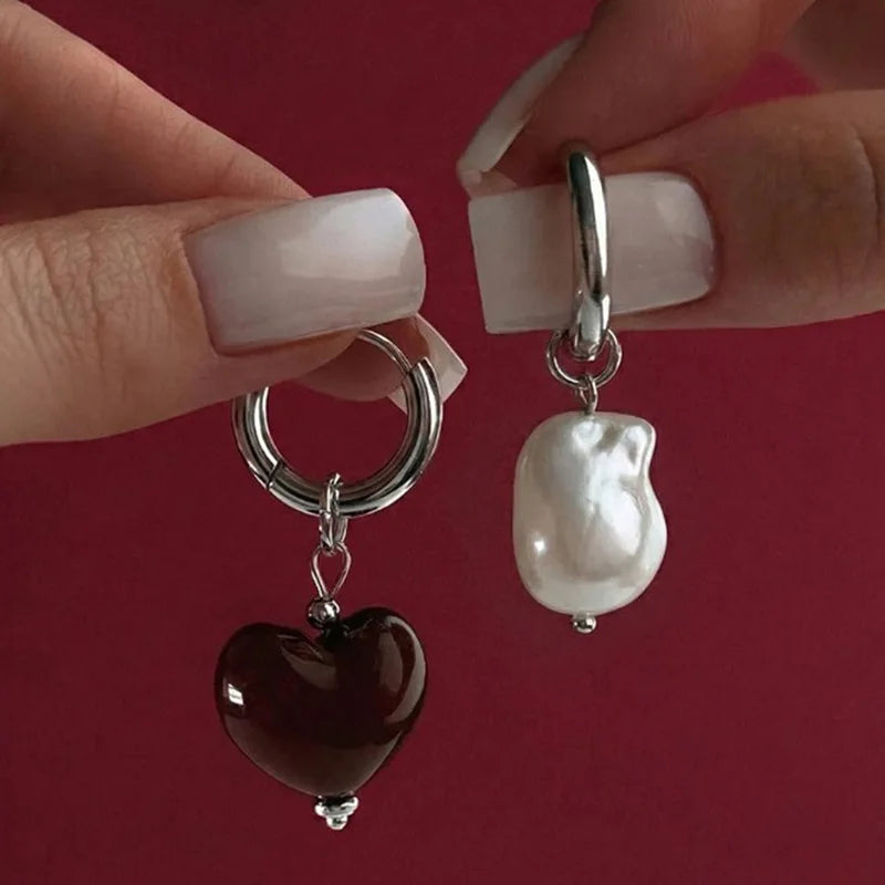 Geometric Irregular Stereo Heart-Shaped Earrings for Women - Asymmetrical Pearl Jewelry
