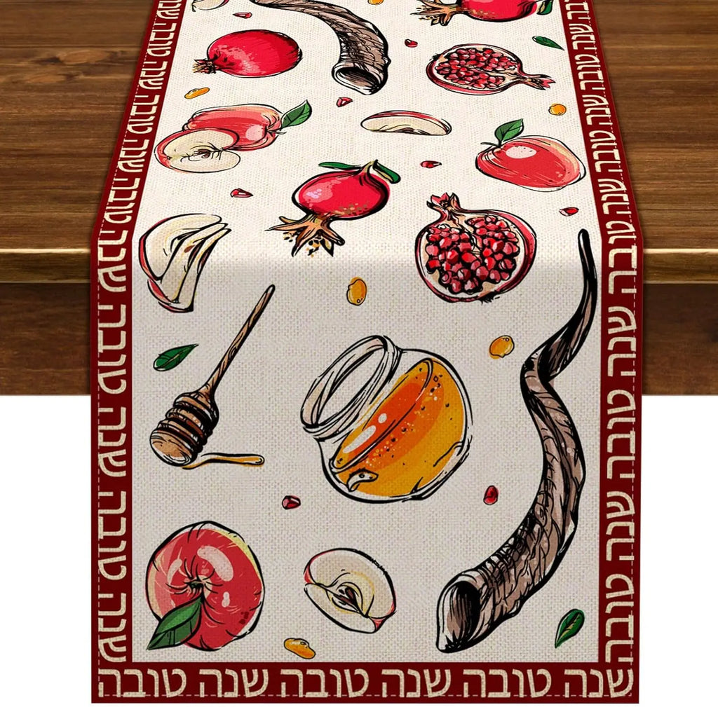 Linen Table Runner for Holidays Weddings & Events - Pomegranate Honey Shofar Design