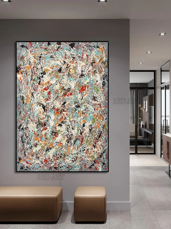Abstract Pollock Style Hand-Painted Canvas Wall Art Large Bedroom Decor Unframed