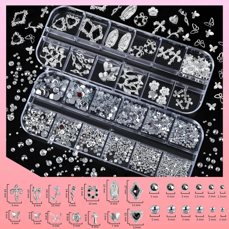4 Box Nail Rhinestones Set with 3D Cross & Heart Charms for DIY Nail Art - Silver
