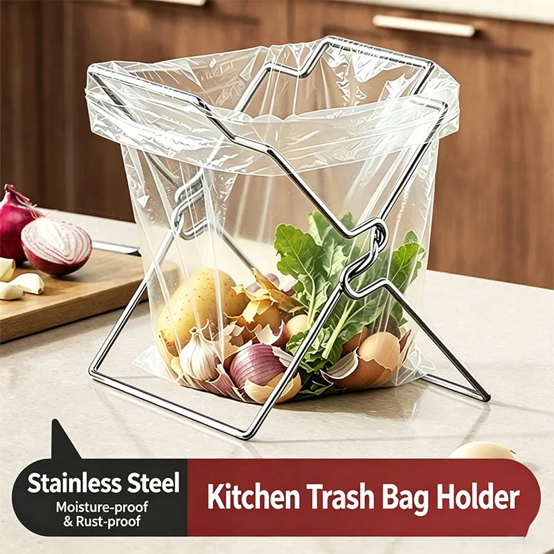 Collapsible Stainless Steel Trash Bag Holder - Kitchen Countertop Organizer Rack