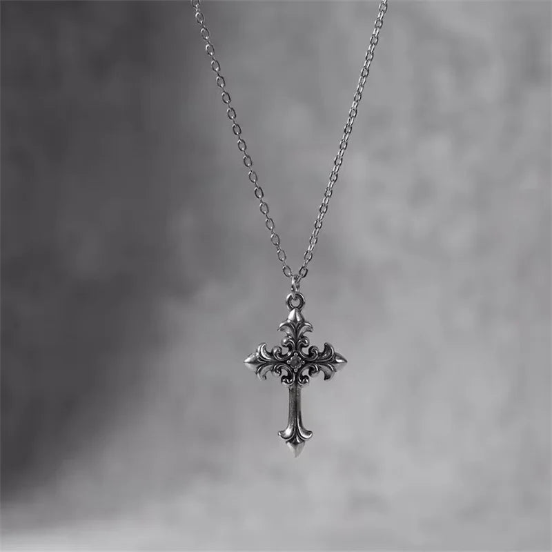 Stainless Steel Cross Pendant Necklace Gothic Y2K Silver Jewelry