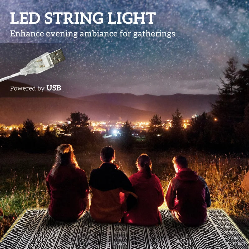 Outdoor Rug with USB LED Lights 12x9 ft Reversible Waterproof Patio Carpet