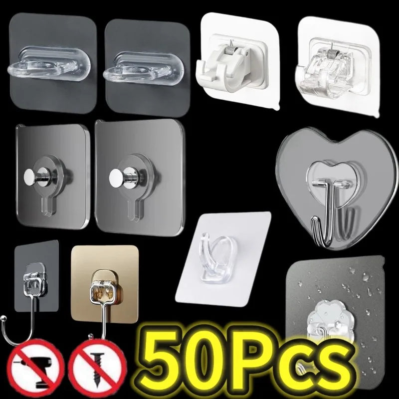 Heavy Duty Self-Adhesive Transparent Wall Hooks 10-50pcs for Kitchen Bathroom Door